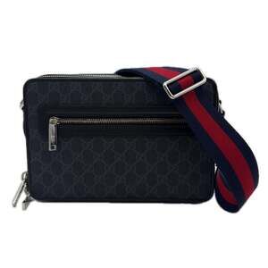 GUCCI GG Supreme Medium Crossbody Bag 822072 Shoulder Gray Navy Red Leather C...